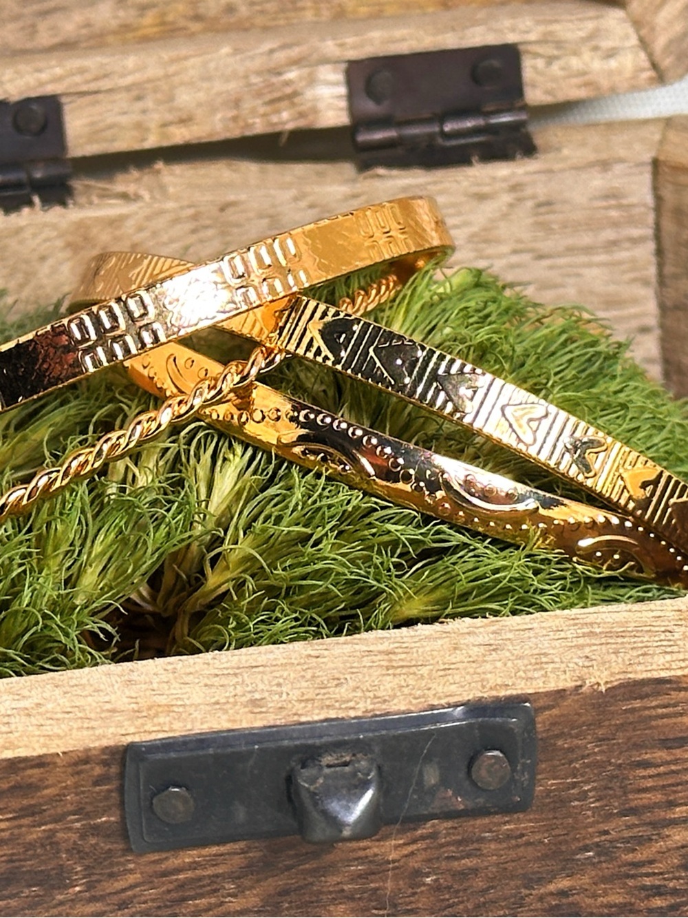 Gold Tone Bangle Bracelet Set of 4 Open Cuff Ball Ends Embossed Stackable Indie